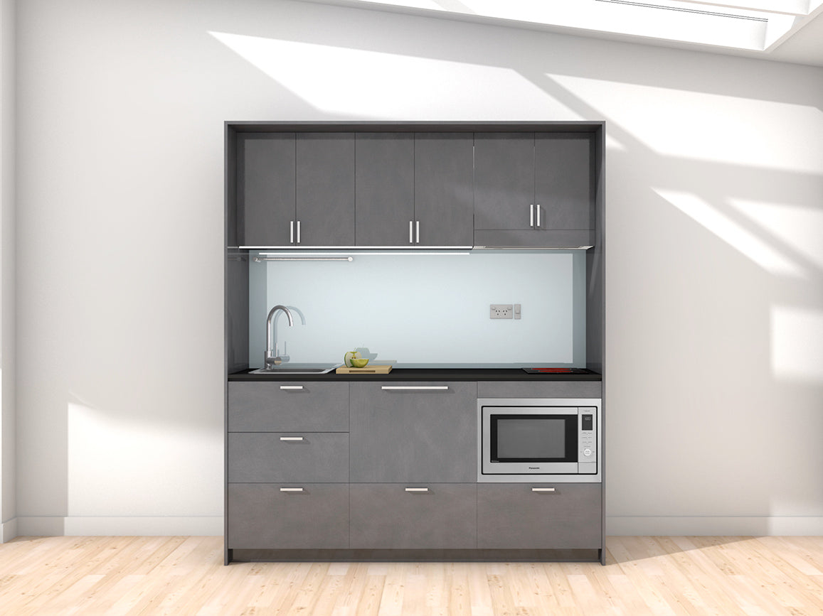 Ibiza - 1.8m Regular Wall Unit Kitchenette. Displayed with 'Slate' Cabinetry, Black Benchtop, and 'Cascade' Splashback