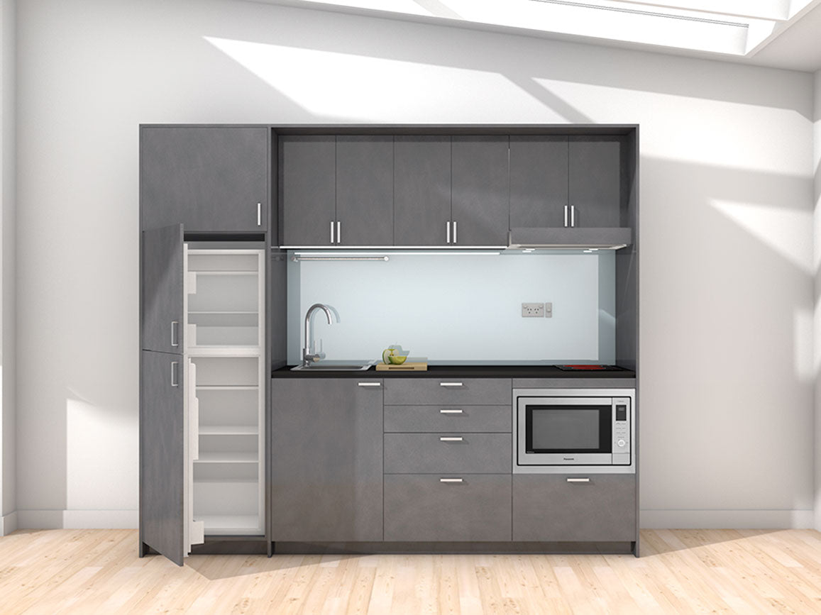 Maui - 2.45m Extended Wall Unit Kitchenette. Displayed with 'Slate' Cabinetry, 'Black' Benchtop, and 'Cascade' Splashback