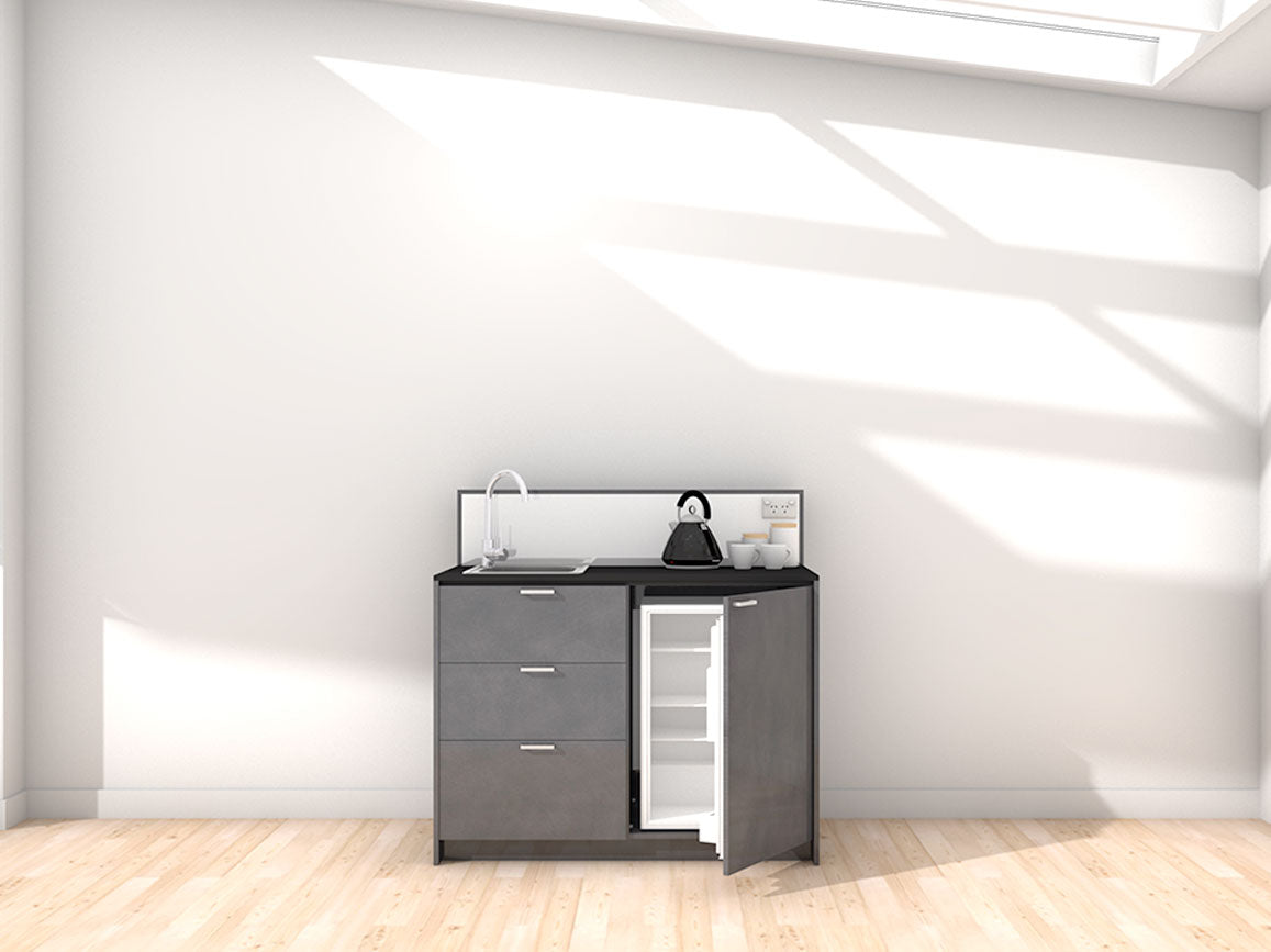 Quinn - 1.2m Compact Counter Unit Kitchenette. Displayed with 'Slate' Cabinetry, 'Black' Benchtop, and 'Sheer Bliss White' Splashback