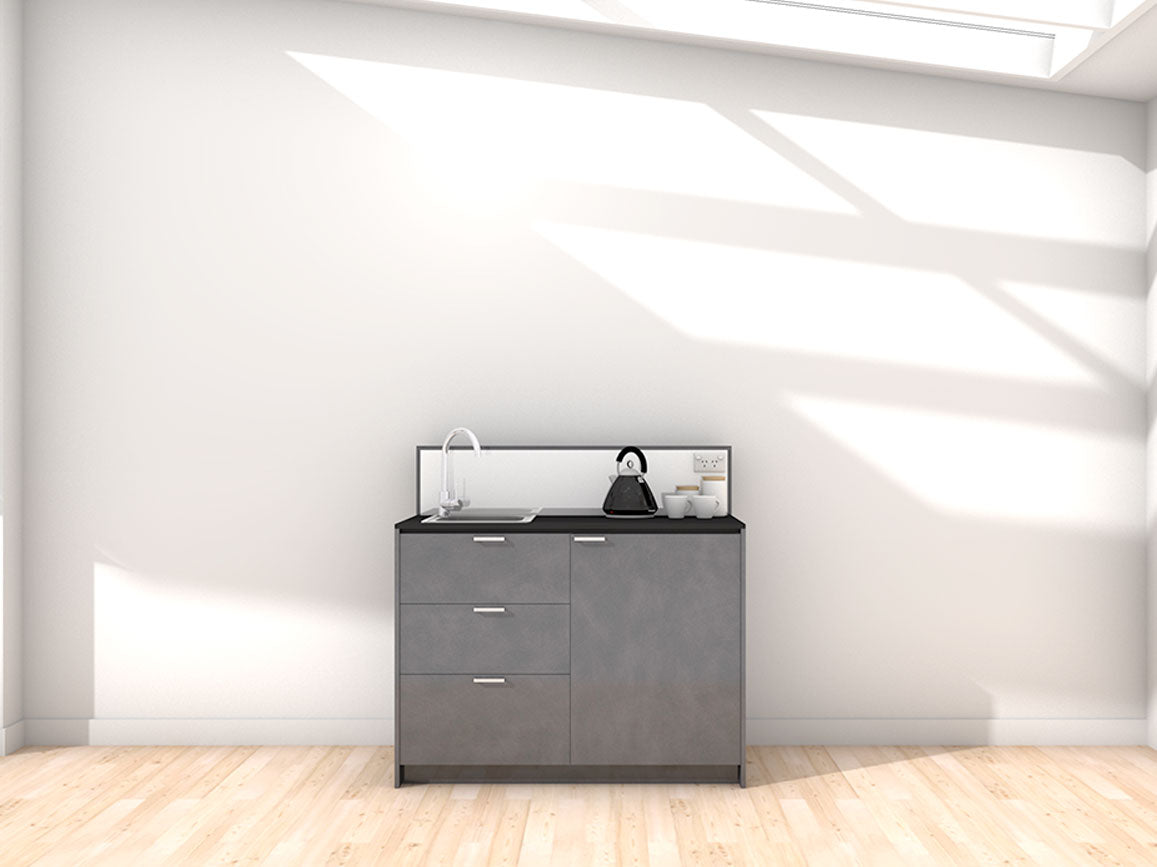 Quinn - 1.2m Compact Counter Unit Kitchenette. Displayed with 'Slate' Cabinetry, 'Black' Benchtop, and 'Sheer Bliss White' Splashback