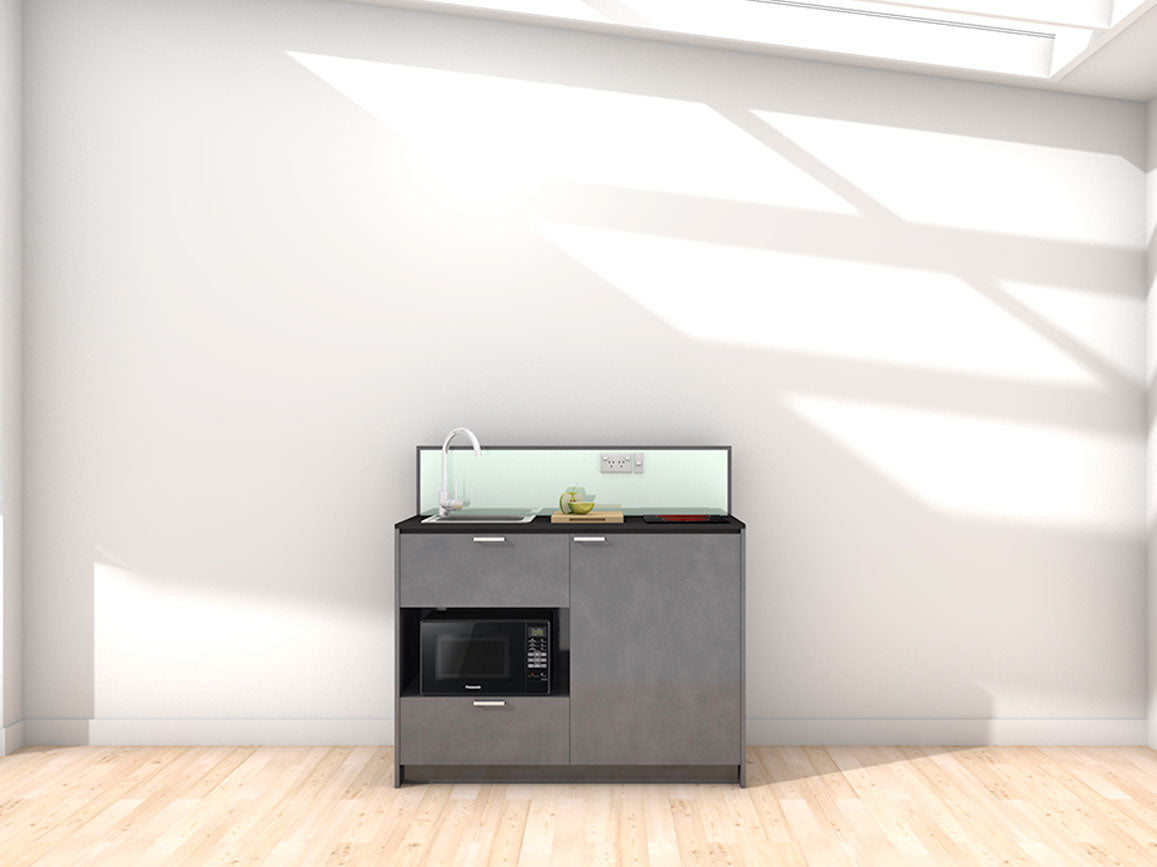 Joan - 1.2m Compact Counter Unit Kitchenette. Displayed with 'Slate' Cabinetry, 'Black' Benchtop, and 'Mint' Splashback