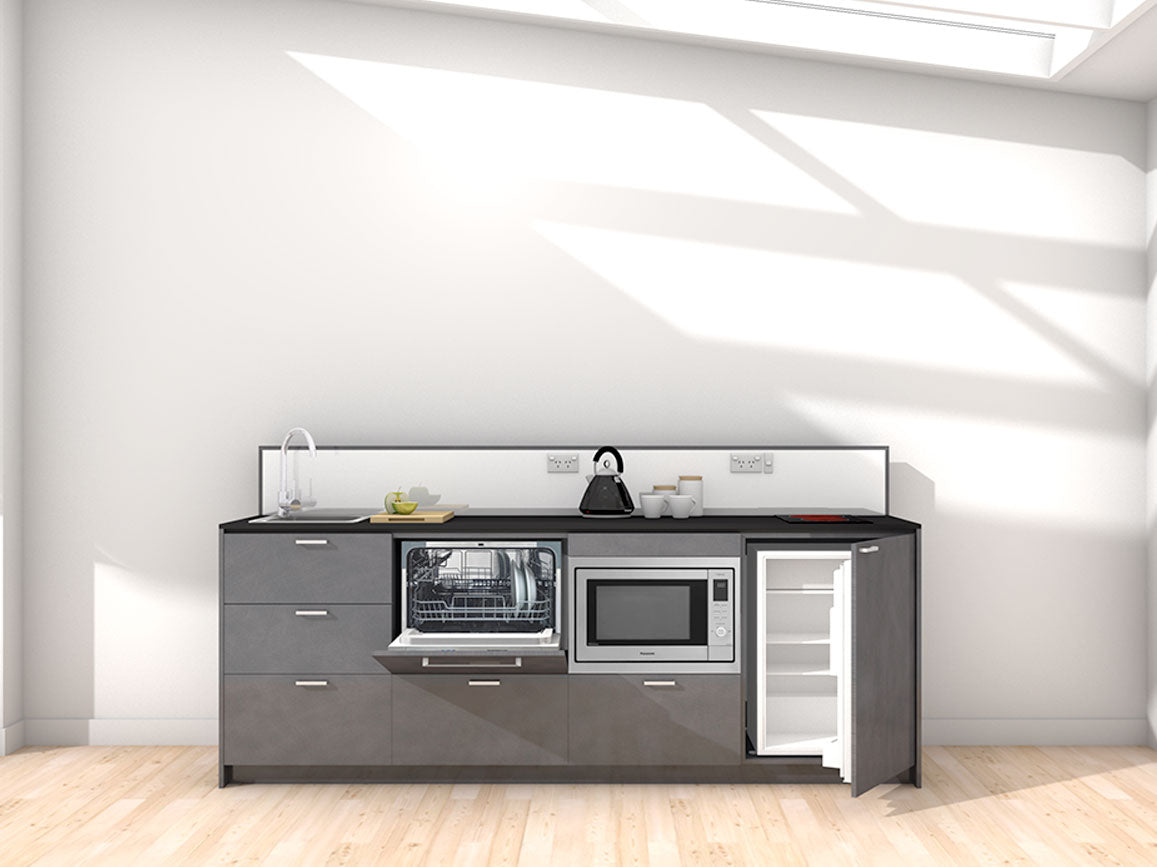 Moana - 2.4m Extended Counter Unit Kitchenette. Displayed with 'Slate' Cabinetry, 'Black' Benchtop, and 'Sheer Bliss White' Splashback