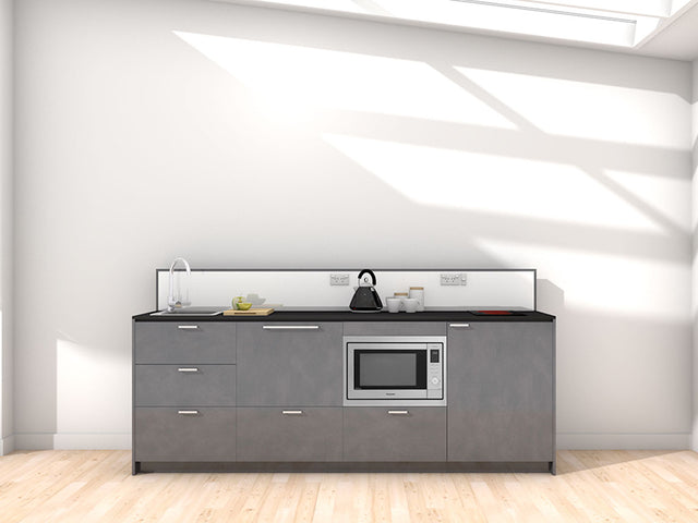 Moana - 2.4m Extended Counter Unit Kitchenette. Displayed with 'Slate' Cabinetry, 'Black' Benchtop, and 'Sheer Bliss White' Splashback