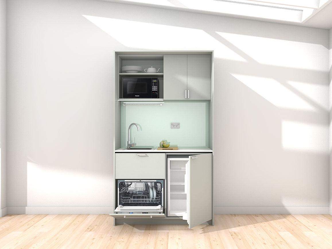 Sadie - 1.2m Compact Wall Unit Kitchenette. Displayed with 'Triple Duck Egg' Cabinetry, 'Style White' Benchtop, and 'Mint' Splashback