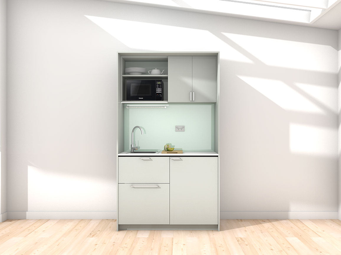Sadie - 1.2m Compact Wall Unit Kitchenette. Displayed with 'Triple Duck Egg' Cabinetry, 'Style White' Benchtop, and 'Mint' Splashback