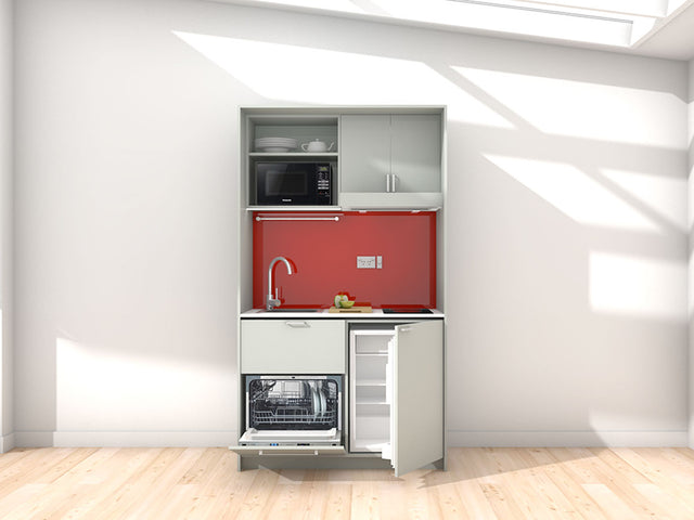 Mica - 1.2m Compact Wall Unit Kitchenette. Displayed with 'Triple Duck Egg' Cabinetry, 'Style White' Benchtop, and 'Stiletto' Splashback