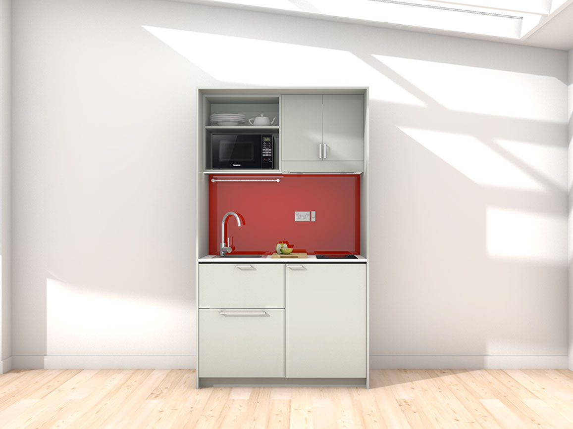 Mica - 1.2m Compact Wall Unit Kitchenette. Displayed with 'Triple Duck Egg' Cabinetry, 'Style White' Benchtop, and 'Stiletto' Splashback