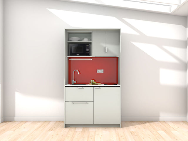 Mica - 1.2m Compact Wall Unit Kitchenette. Displayed with 'Triple Duck Egg' Cabinetry, 'Style White' Benchtop, and 'Stiletto' Splashback