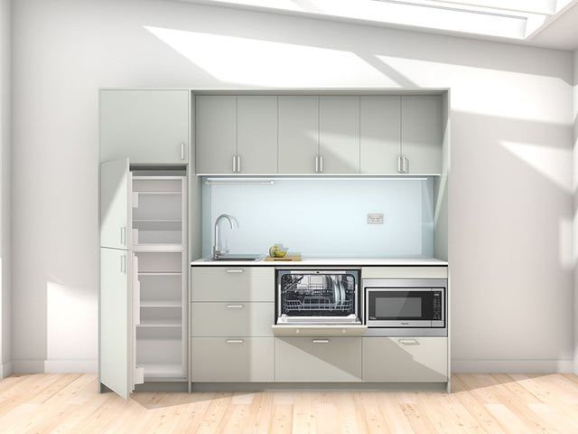 Ariki - 2.45m Extended Wall Unit Kitchenette. Displayed with 'Triple Duck Egg' Cabinetry, 'Style White' Benchtop, and 'Cascade' Splashback