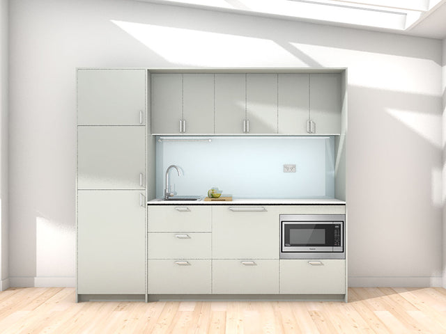 Ariki - 2.45m Extended Wall Unit Kitchenette. Displayed with 'Triple Duck Egg' Cabinetry, 'Style White' Benchtop, and 'Cascade' Splashback