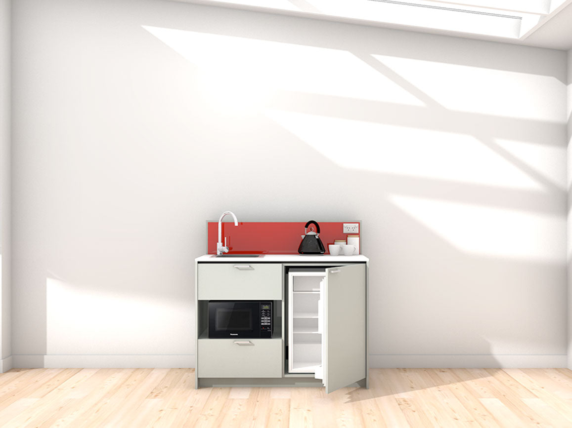 Eve - 1.2m Compact Counter Unit Kitchenette. Displayed with 'Triple Duck Egg' Cabinetry, 'Style White' Benchtop, and 'Stiletto' Splashback