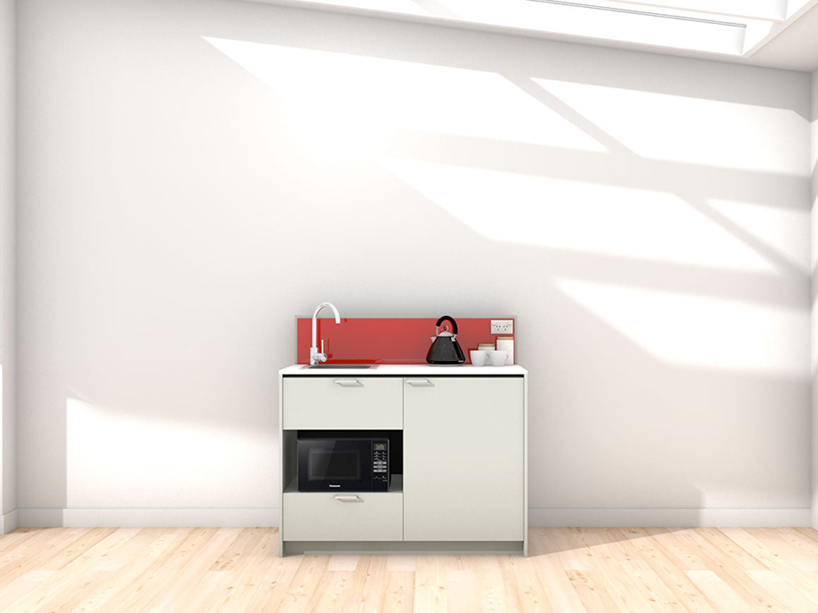 Eve - 1.2m Compact Counter Unit Kitchenette. Displayed with 'Triple Duck Egg' Cabinetry, 'Style White' Benchtop, and 'Stiletto' Splashback