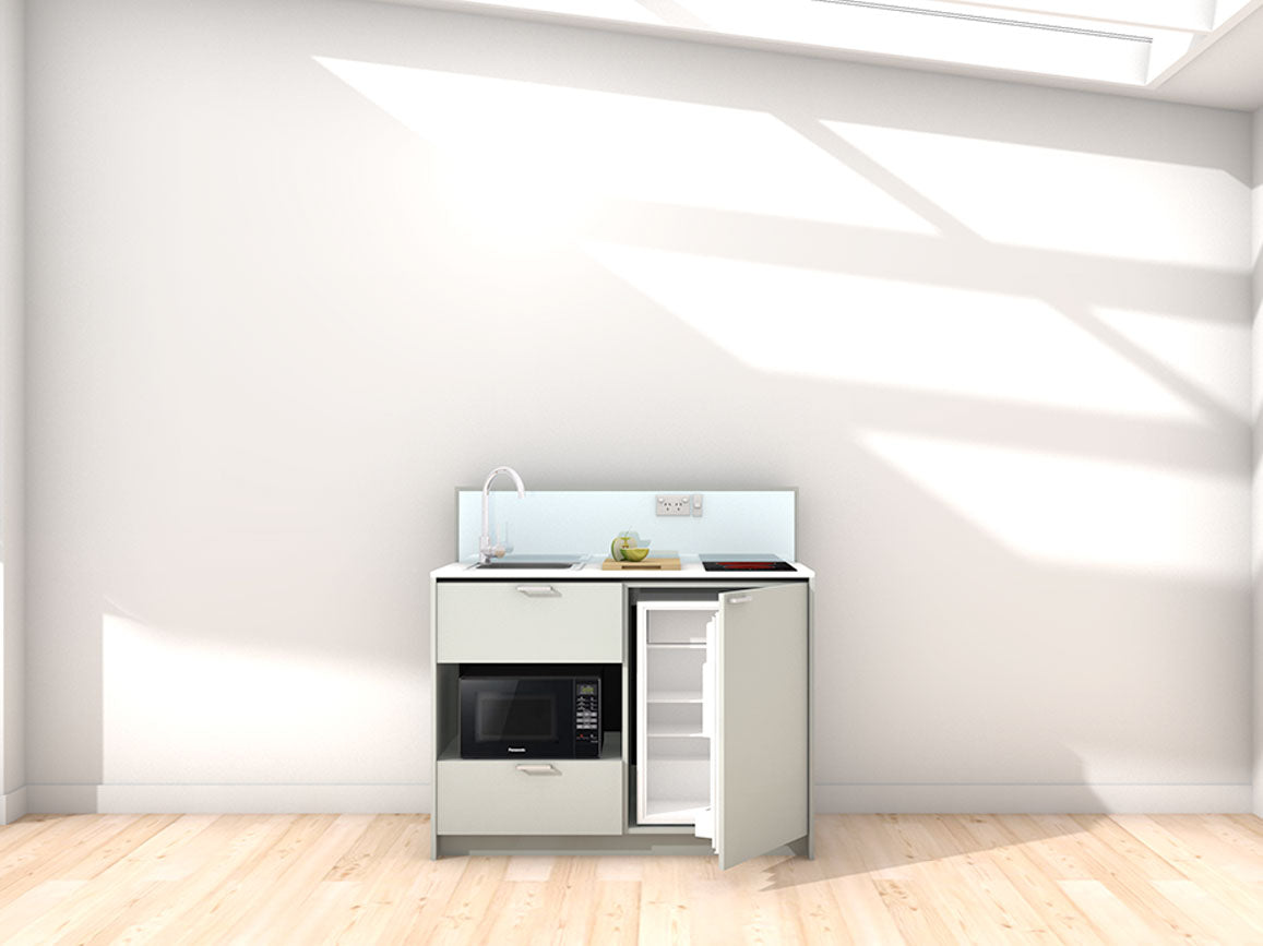 Joan - 1.2m Compact Counter Unit Kitchenette. Displayed with 'Triple Duck Egg' Cabinetry, 'Style White' Benchtop, and 'Sheer Bliss White' Splashback