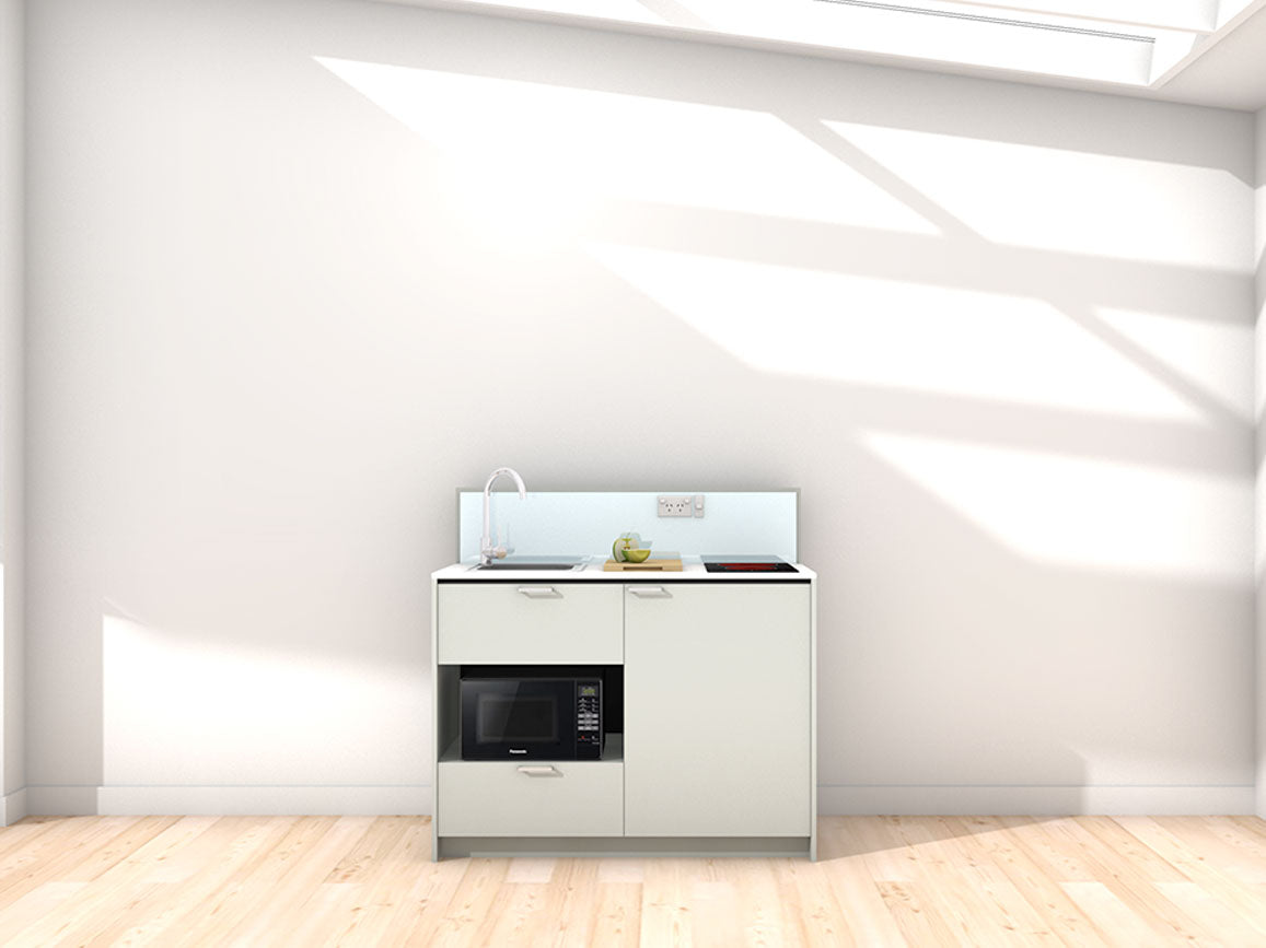 Joan - 1.2m Compact Counter Unit Kitchenette. Displayed with 'Triple Duck Egg' Cabinetry, 'Style White' Benchtop, and 'Sheer Bliss White' Splashback