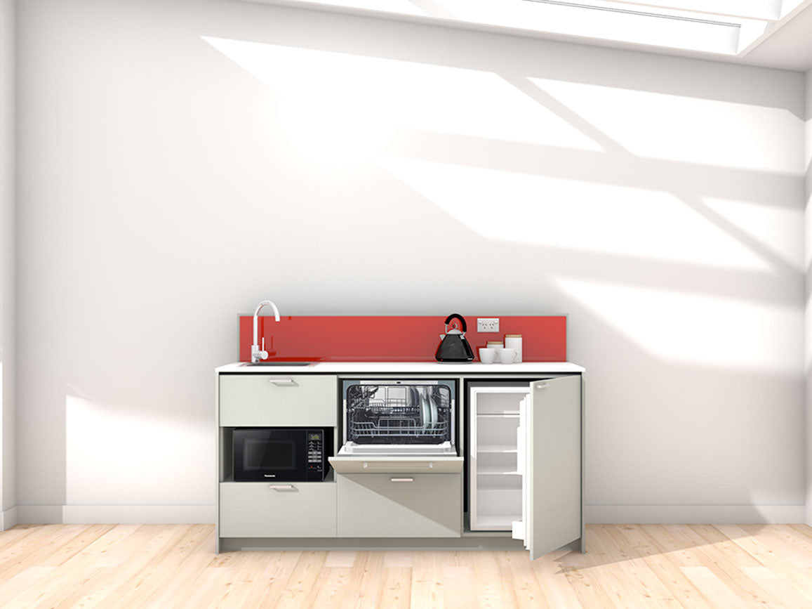 Paris - 1.8m Regular Counter Unit Kitchenette. Displayed with 'Triple Duck Egg' Cabinetry, 'Style White' Benchtop, and 'Stiletto' Splashback