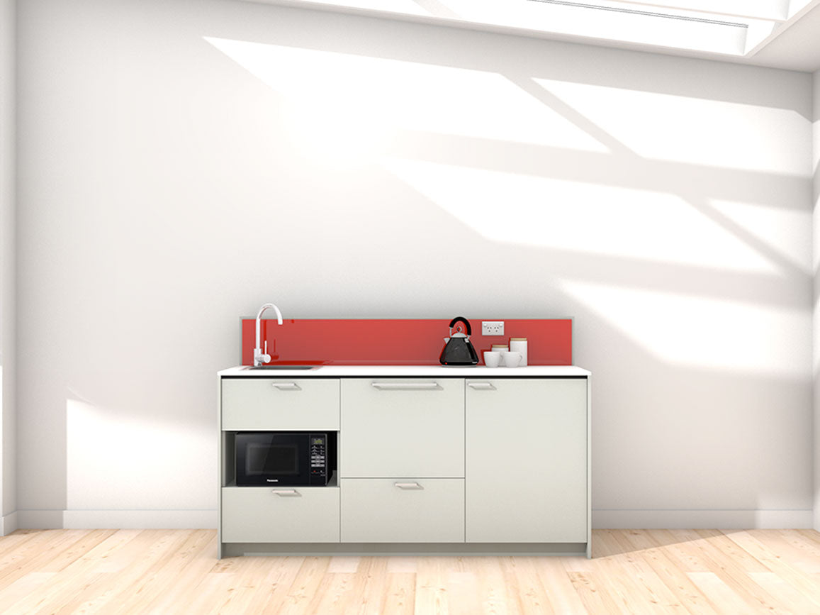 Paris - 1.8m Regular Counter Unit Kitchenette. Displayed with 'Triple Duck Egg' Cabinetry, 'Style White' Benchtop, and 'Stiletto' Splashback