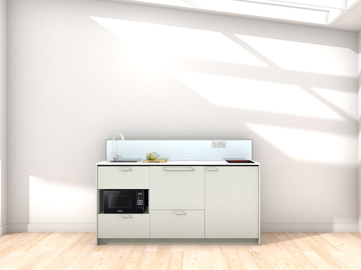 Morocco - 1.8m Regular Counter Unit Kitchenette. Displayed with 'Triple Duck Egg' Cabinetry, 'Style White' Benchtop, and 'Sheer Bliss White' Splashback