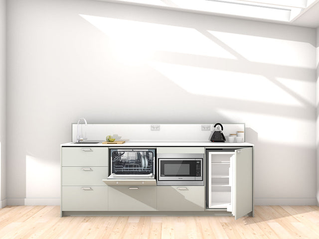 Awa - 2.4m Extended Counter Unit Kitchenette. Displayed with 'Triple Duck Egg' Cabinetry, 'Style White' Benchtop, and 'Sheer Bliss White' Splashback