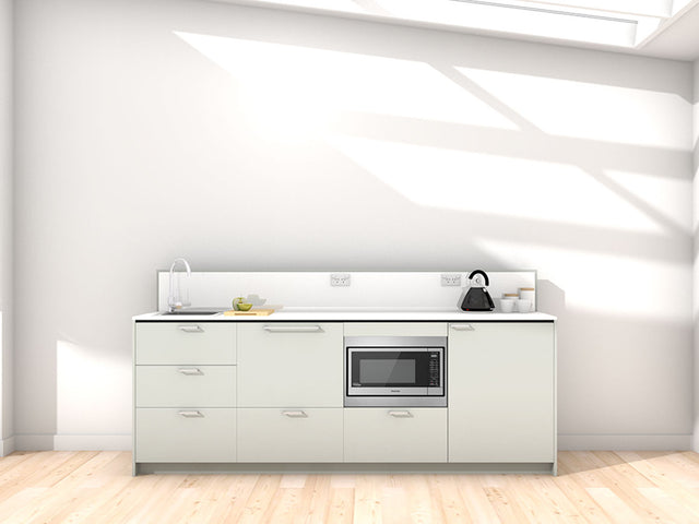 Awa - 2.4m Extended Counter Unit Kitchenette. Displayed with 'Triple Duck Egg' Cabinetry, 'Style White' Benchtop, and 'Sheer Bliss White' Splashback