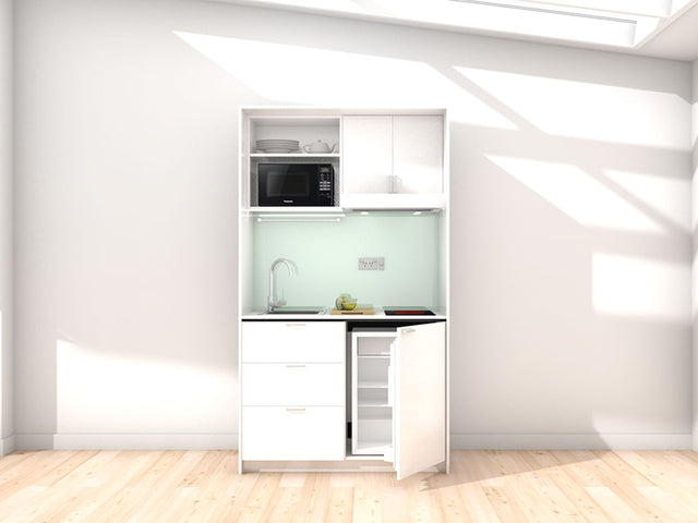 Blair - 1.2m Compact Wall Unit Kitchenette. Displayed with 'White' Cabinetry, 'Style White' Benchtop, and 'Mint' Splashback