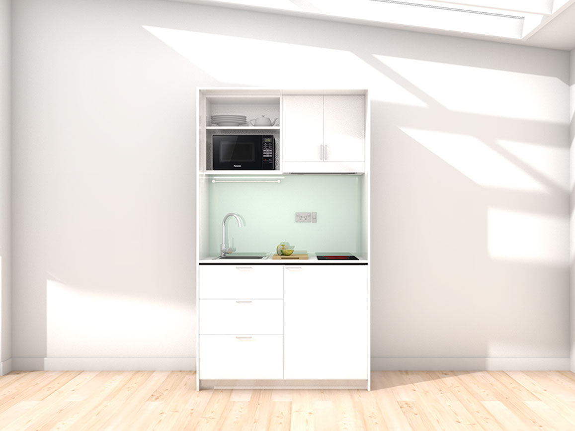 Blair - 1.2m Compact Wall Unit Kitchenette. Displayed with 'White' Cabinetry, 'Style White' Benchtop, and 'Mint' Splashback