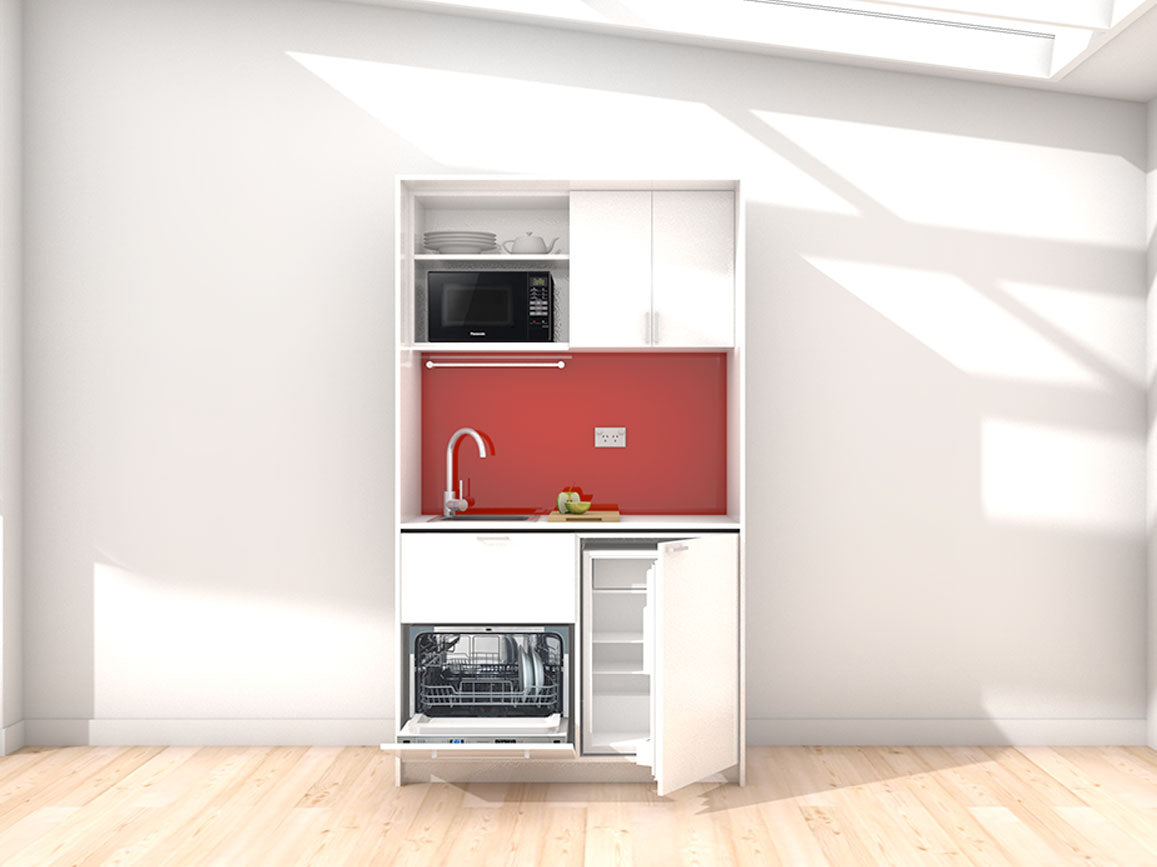 Sadie - 1.2m Compact Wall Unit Kitchenette. Displayed with 'White' Cabinetry, 'Style White' Benchtop, and 'Stiletto' Splashback