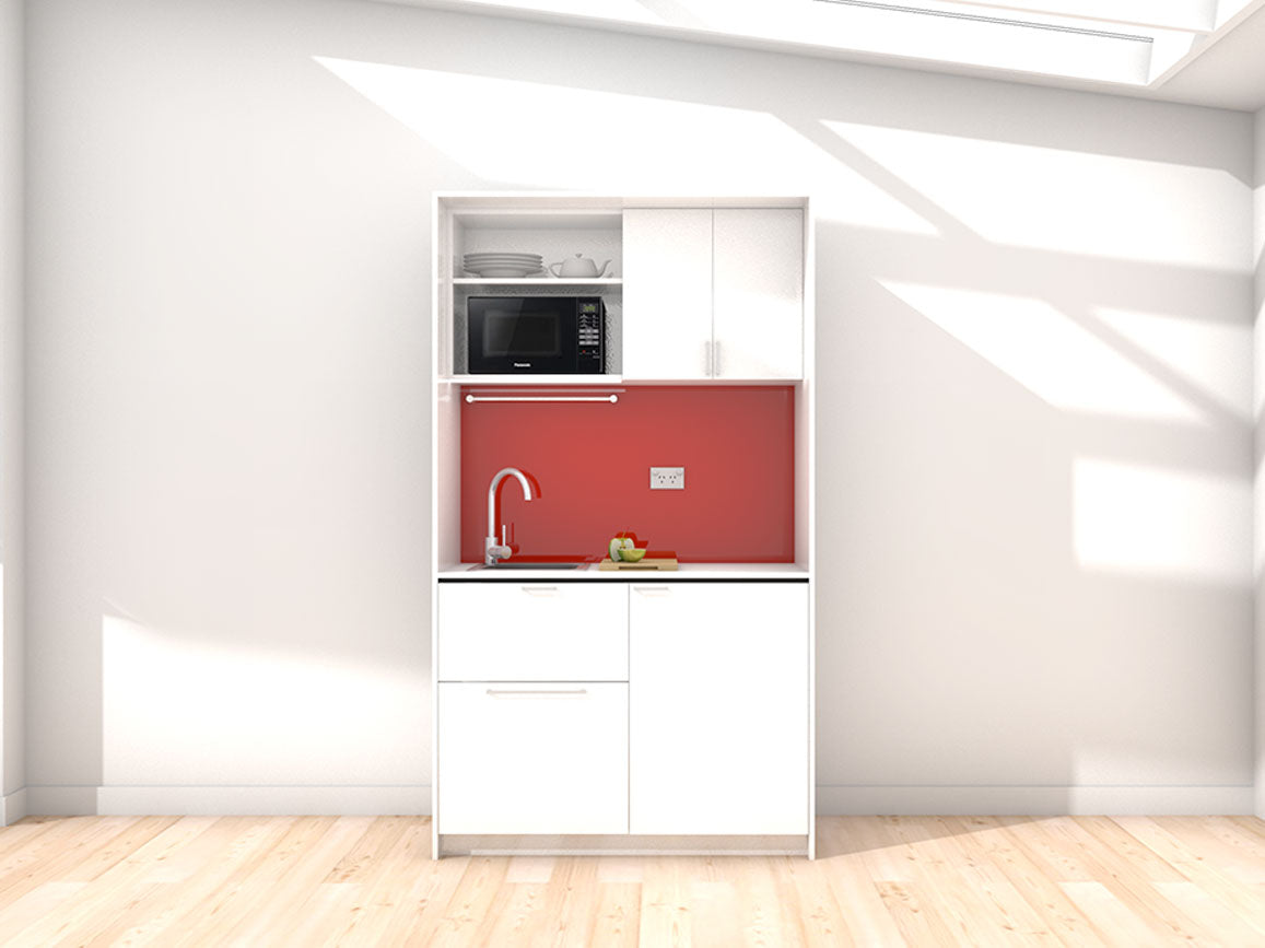 Sadie - 1.2m Compact Wall Unit Kitchenette. Displayed with 'White' Cabinetry, 'Style White' Benchtop, and 'Stiletto' Splashback
