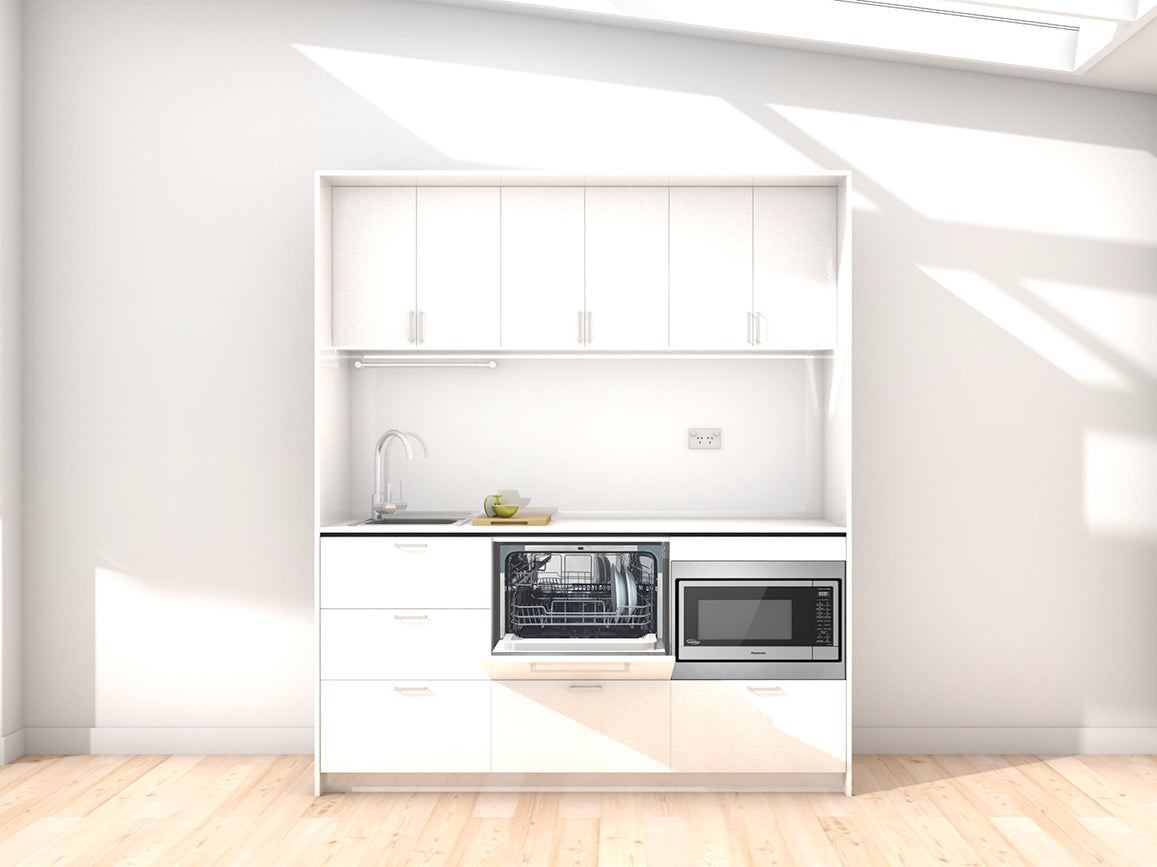 Venice - 1.8m Regular Wall Unit Kitchenette. Displayed with 'White' Cabinetry, 'Style White' Benchtop, and 'Sheer Bliss White' Splashback