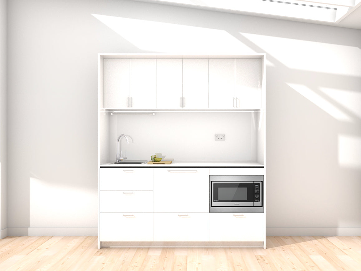 Venice - 1.8m Regular Wall Unit Kitchenette. Displayed with 'White' Cabinetry, 'Style White' Benchtop, and 'Sheer Bliss White' Splashback