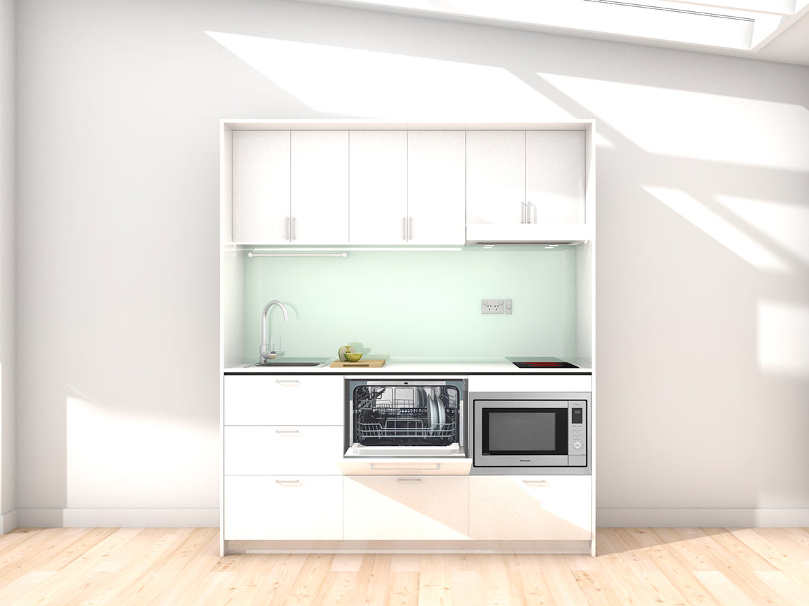 Ibiza - 1.8m Regular Wall Unit Kitchenette. Displayed with White Cabinetry, White Benchtop, and Mint Splashback