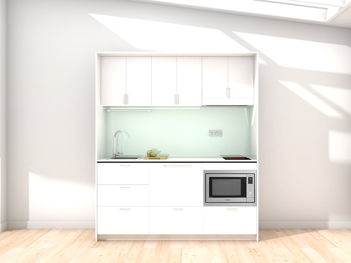Ibiza - 1.8m Regular Wall Unit Kitchenette. Displayed with White Cabinetry, White Benchtop, and Mint Splashback