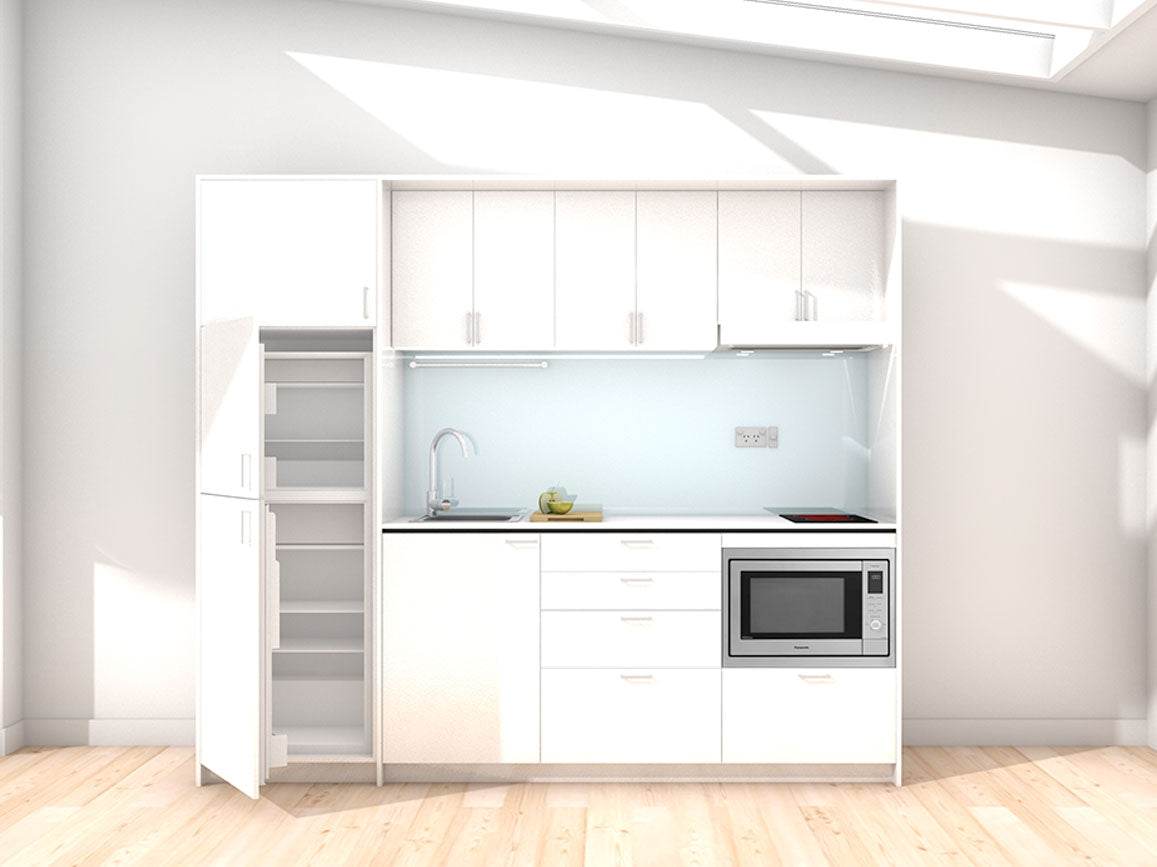 Maui - 2.45m Extended Wall Unit Kitchenette. Displayed with 'White' Cabinetry, 'Style White' Benchtop, and 'Cascade' Splashback