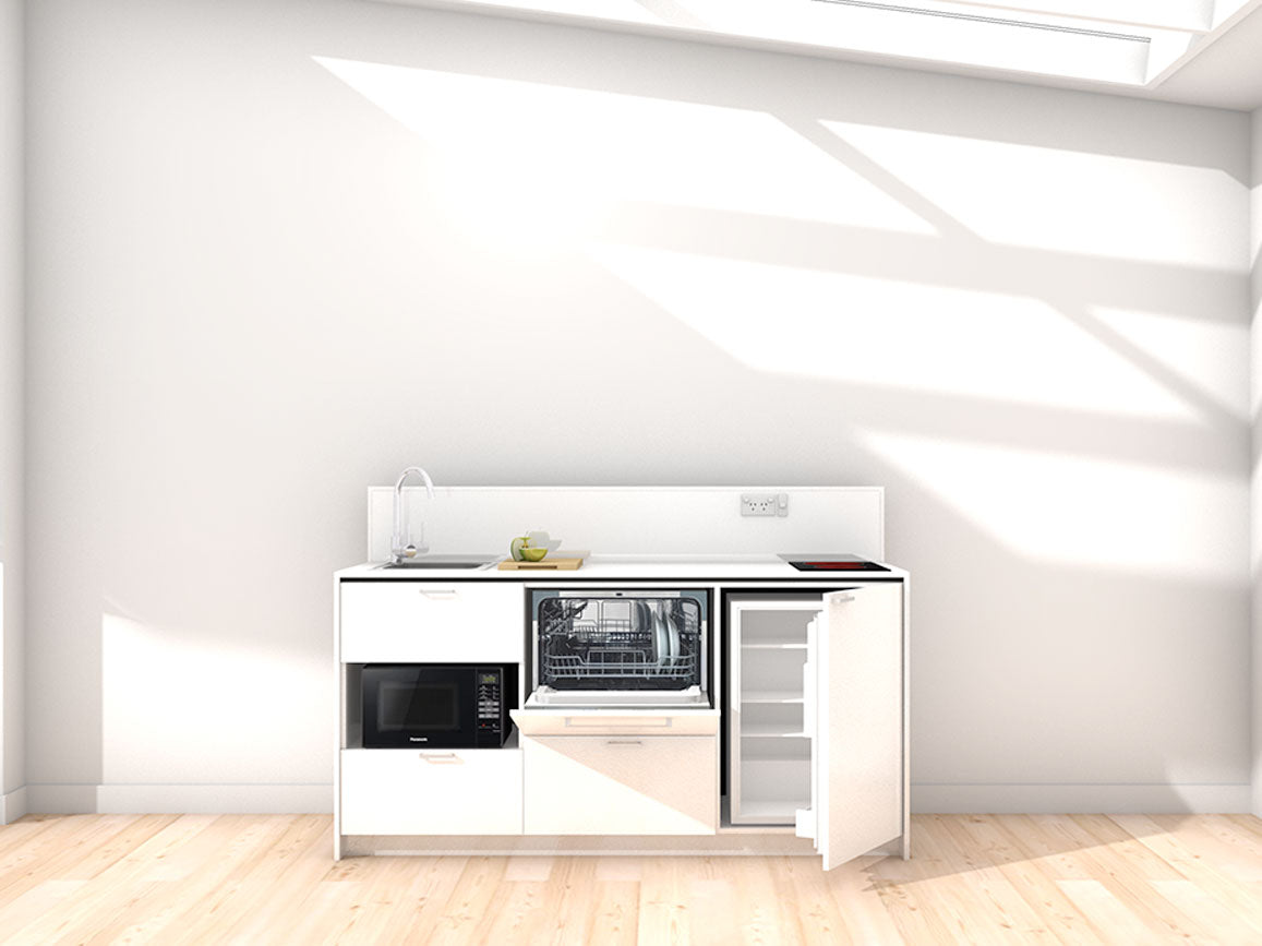 Morocco - 1.8m Regular Counter Unit Kitchenette. Displayed with 'White' Cabinetry, 'Style White' Benchtop, and 'Sheer Bliss White' Splashback