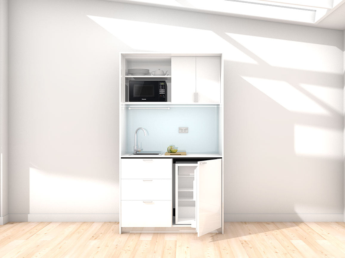 Marla - 1.2m Compact Wall Unit Kitchenette. Displayed with 'White' Cabinetry, 'Style White' Benchtop, and 'Cascade' Splashback