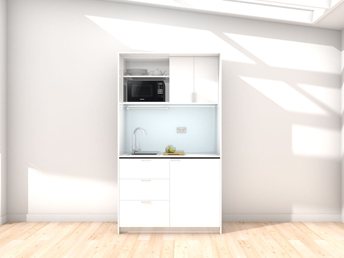 Marla - 1.2m Compact Wall Unit Kitchenette. Displayed with 'White' Cabinetry, 'Style White' Benchtop, and 'Cascade' Splashback