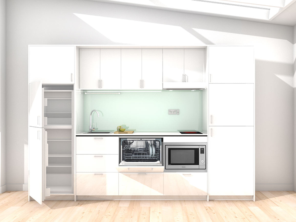 Koha - 2.45m Extended Wall Unit Kitchenette. Displayed with 'White' Cabinetry, 'Style White' Benchtop, and 'Mint' Splashback