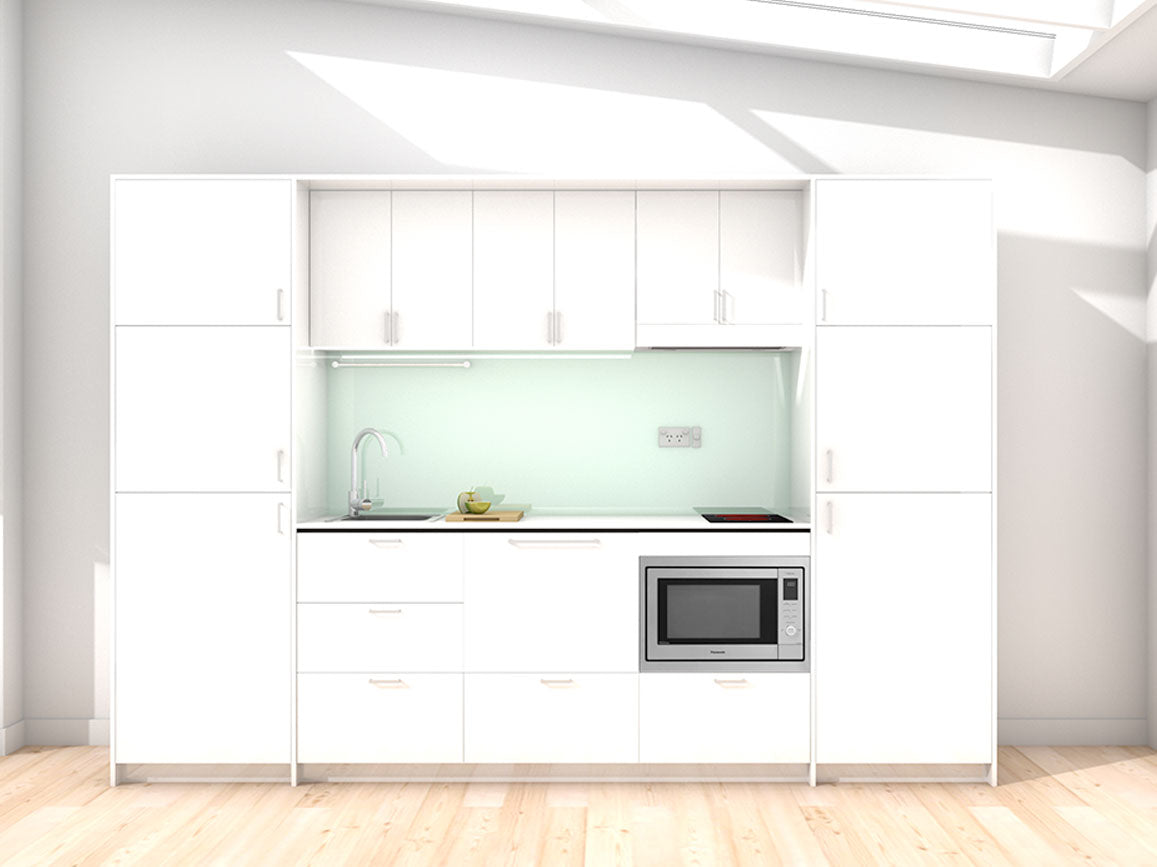 Koha - 2.45m Extended Wall Unit Kitchenette. Displayed with 'White' Cabinetry, 'Style White' Benchtop, and 'Mint' Splashback