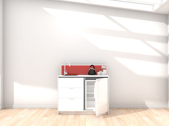 Quinn - 1.2m Compact Counter Unit Kitchenette. Displayed with 'White' Cabinetry, 'Style White' Benchtop, and 'Stiletto' Splashback