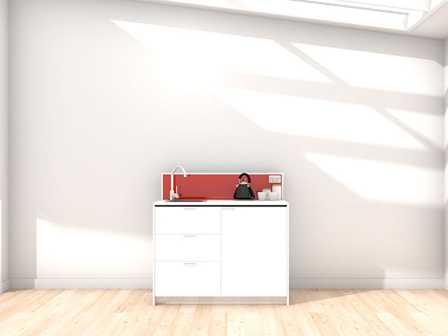 Quinn - 1.2m Compact Counter Unit Kitchenette. Displayed with 'White' Cabinetry, 'Style White' Benchtop, and 'Stiletto' Splashback
