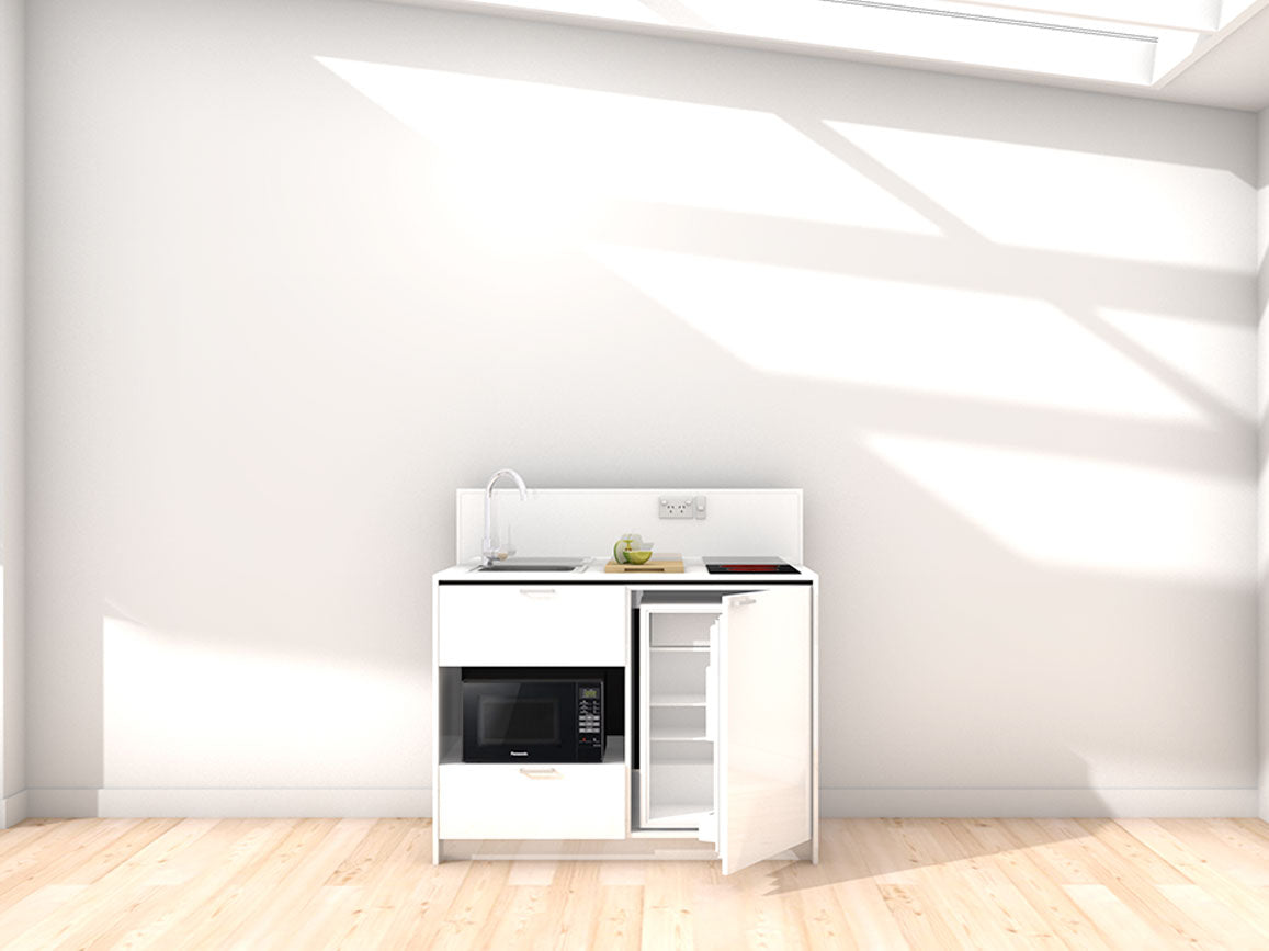 Joan - 1.2m Compact Counter Unit Kitchenette. Displayed with 'White' Cabinetry, 'Style White' Benchtop, and 'Sheer Bliss White' Splashback