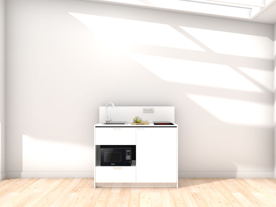Joan - 1.2m Compact Counter Unit Kitchenette. Displayed with 'White' Cabinetry, 'Style White' Benchtop, and 'Sheer Bliss White' Splashback