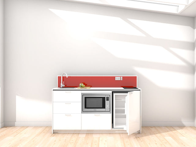 Seoul - 1.8m Regular Counter Unit Kitchenette. Displayed with 'White' Cabinetry, 'Style White' Benchtop, and 'Stiletto' Splashback