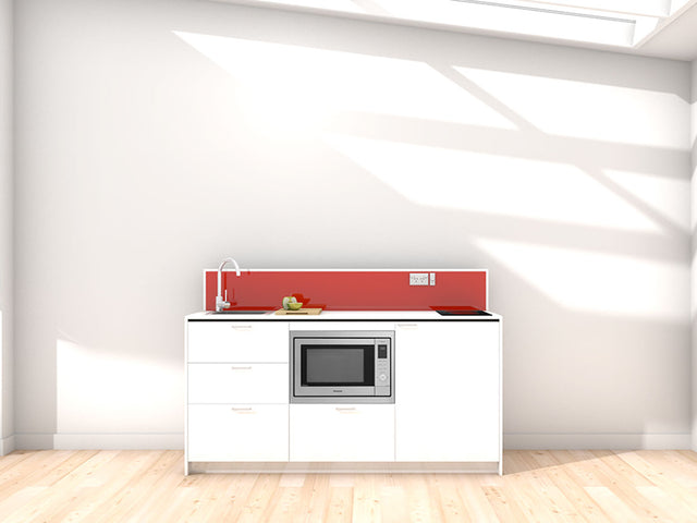 Seoul - 1.8m Regular Counter Unit Kitchenette. Displayed with 'White' Cabinetry, 'Style White' Benchtop, and 'Stiletto' Splashback