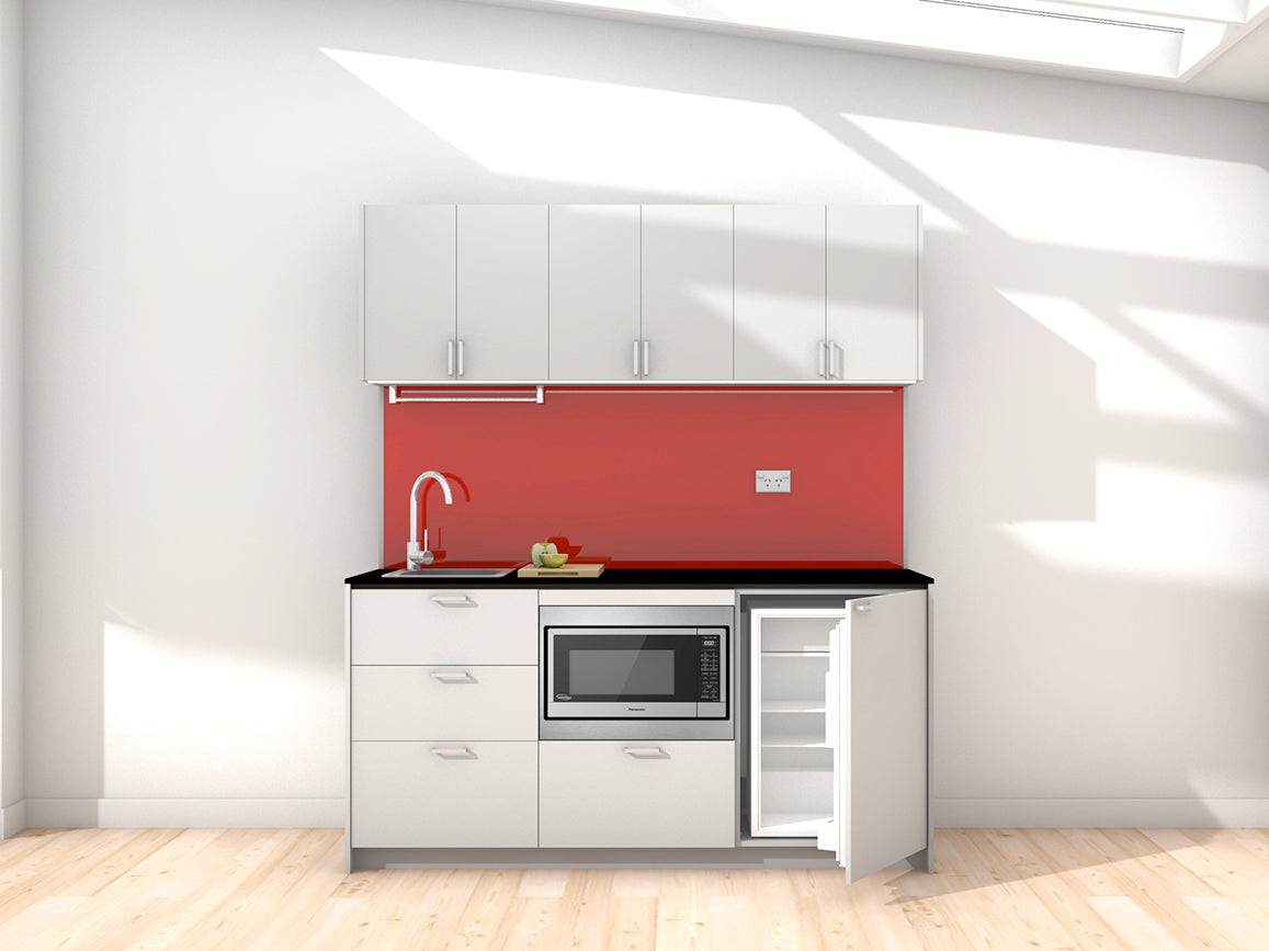Sydney - 1.8m Regular Wall Unit Kitchenette. Displayed with 'Frost Grey' Cabinetry, 'Black' Benchtop, and 'Stiletto' Splashback