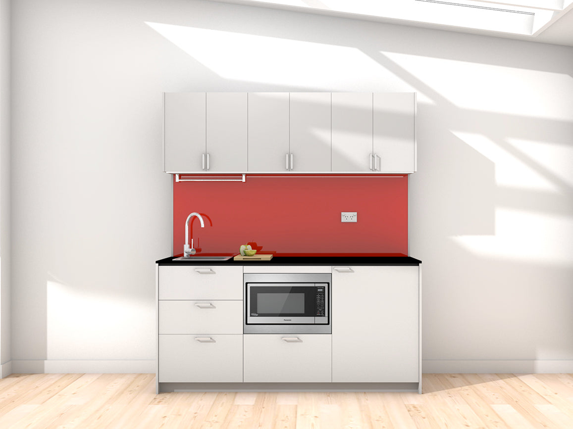 Sydney - 1.8m Regular Wall Unit Kitchenette. Displayed with 'Frost Grey' Cabinetry, 'Black' Benchtop, and 'Stiletto' Splashback