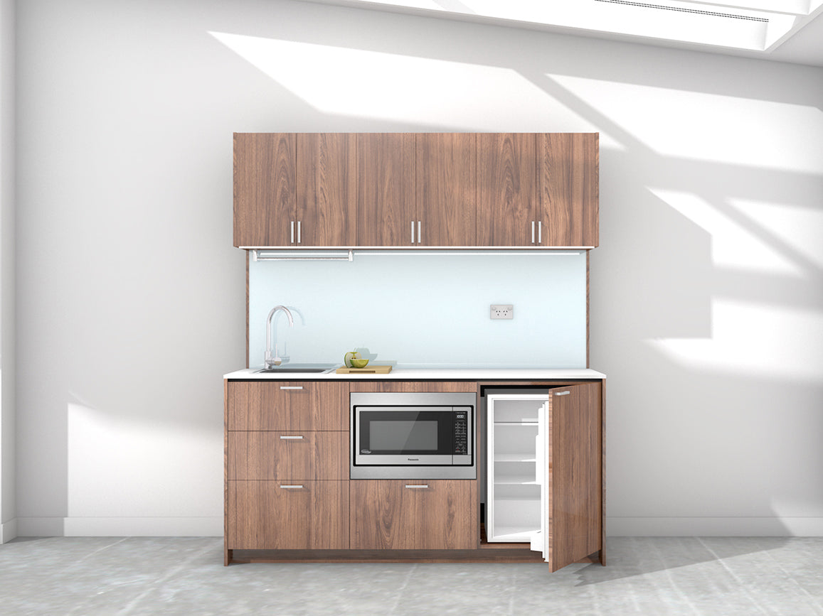 Sydney - 1.8m Regular Wall Unit Kitchenette. Displayed with 'Hickory Walnut' Cabinetry, White Benchtop, and 'Sheer Bliss White' Splashback