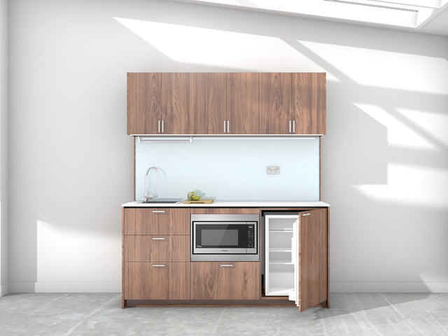 Sydney - 1.8m Regular Wall Unit Kitchenette. Displayed with 'Hickory Walnut' Cabinetry, White Benchtop, and 'Sheer Bliss White' Splashback