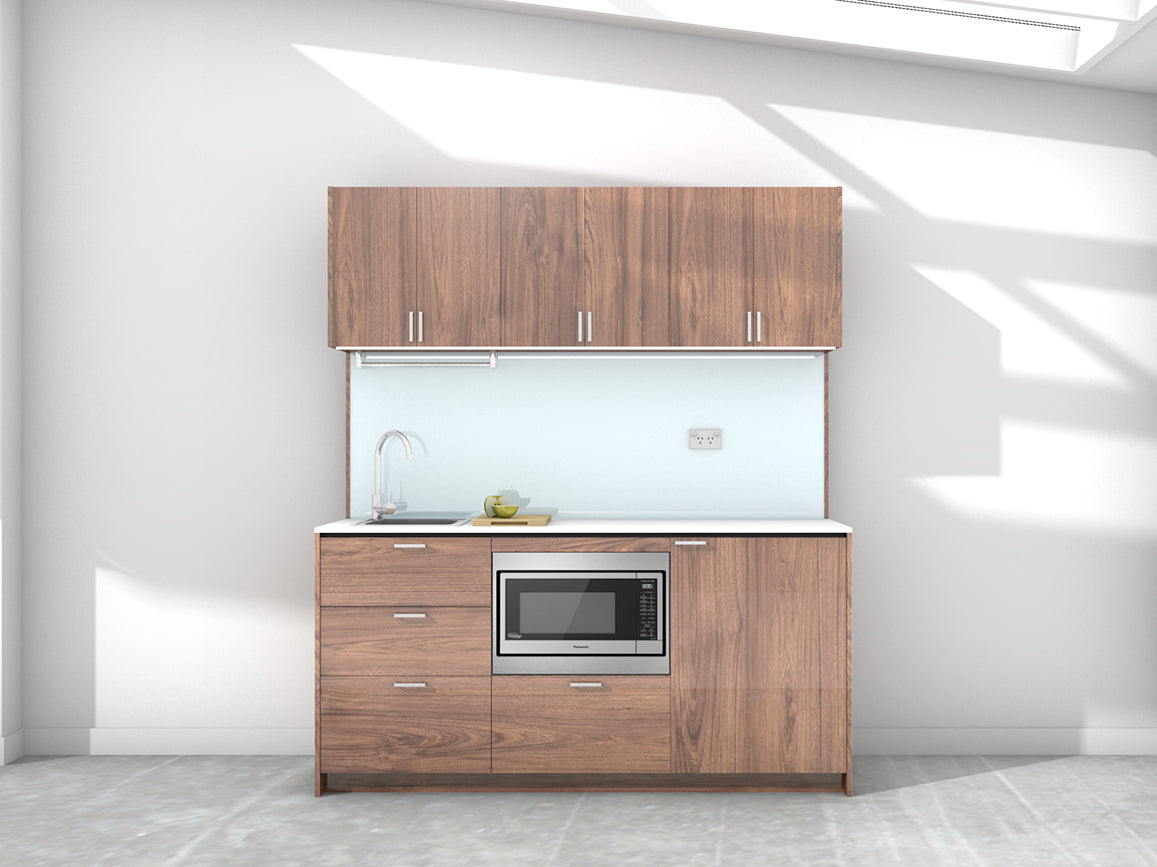 Sydney - 1.8m Regular Wall Unit Kitchenette. Displayed with 'Hickory Walnut' Cabinetry, White Benchtop, and 'Sheer Bliss White' Splashback
