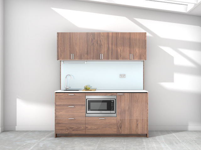 Sydney - 1.8m Regular Wall Unit Kitchenette. Displayed with 'Hickory Walnut' Cabinetry, White Benchtop, and 'Sheer Bliss White' Splashback
