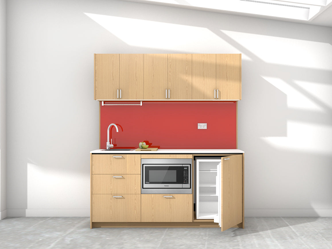 Sydney - 1.8m Regular Wall Unit Kitchenette. Displayed with 'Premium Oak' Cabinetry, 'Style White' Benchtop, and 'Stiletto' Splashback